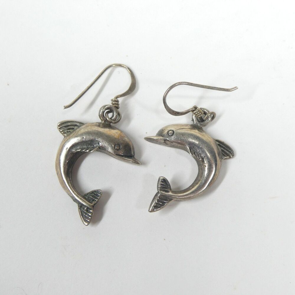 Dolphin Earrings Dangle Pair Vintage 925 Sterling Silver